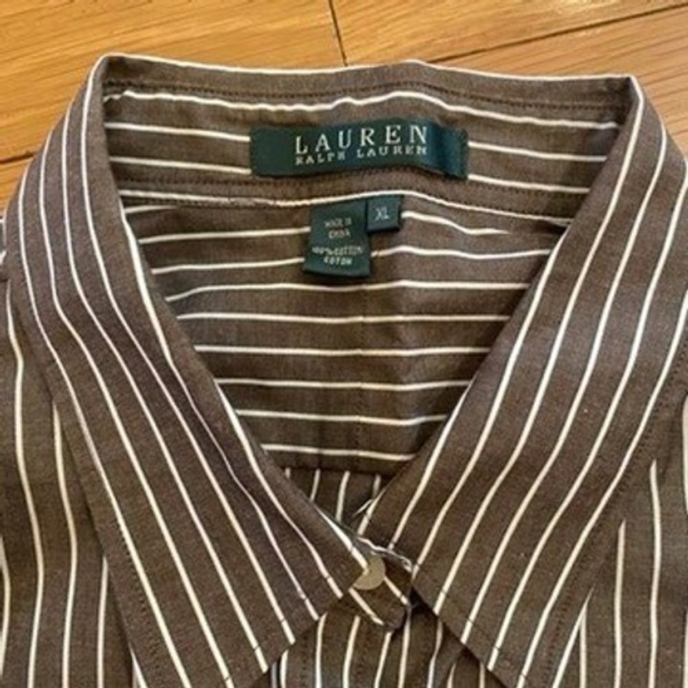 Lauren Ralph Lauren Mens XL Brown White Striped Cotton Shirt Long Slv - Picture 4 of 5